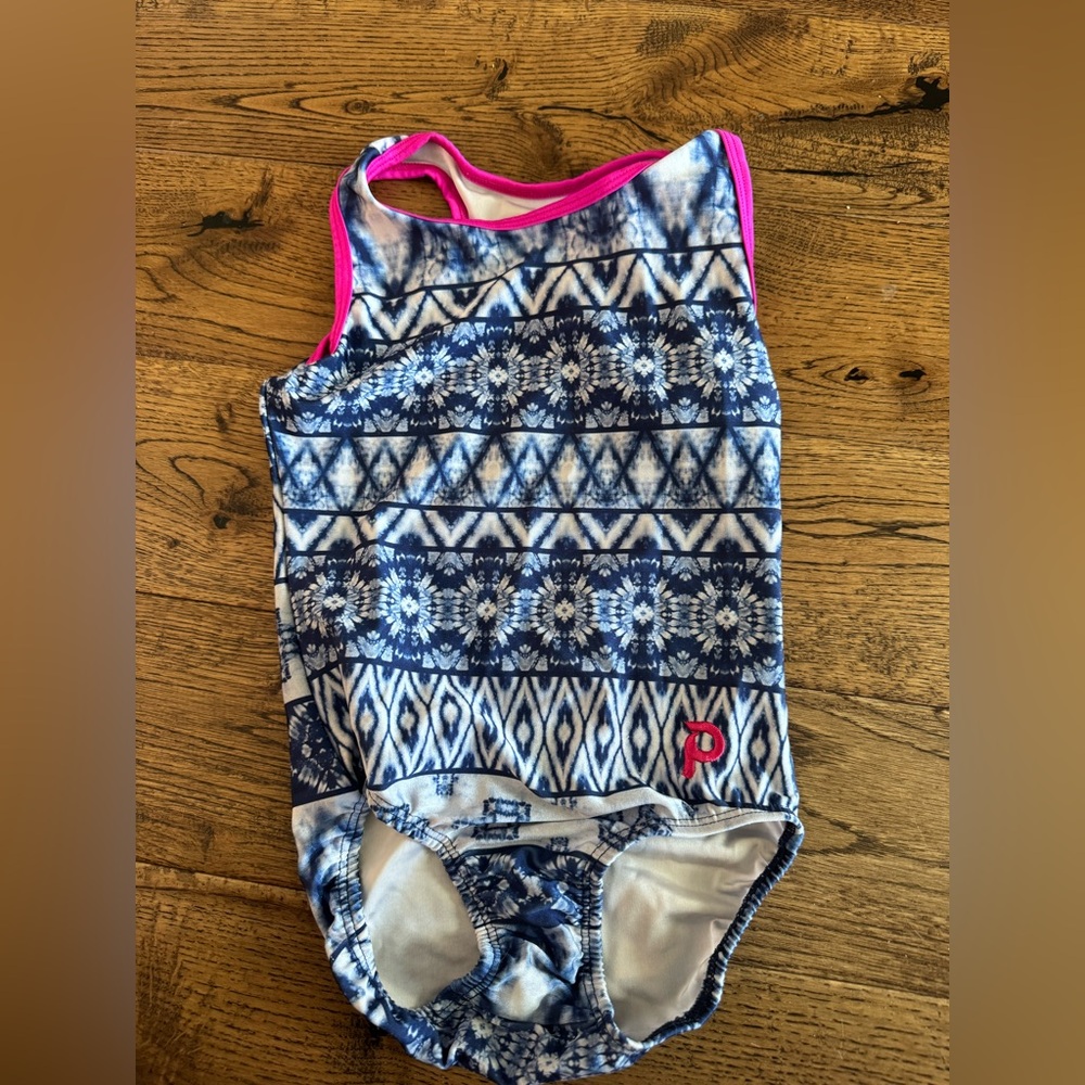 Plum Gymnastics Leotard Blue and White Patterned with Pink Trim